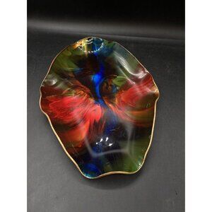 SEETUSEE Art Glass by Mayfair Ruffled Bowl Leather Backed Abstract Design MCM